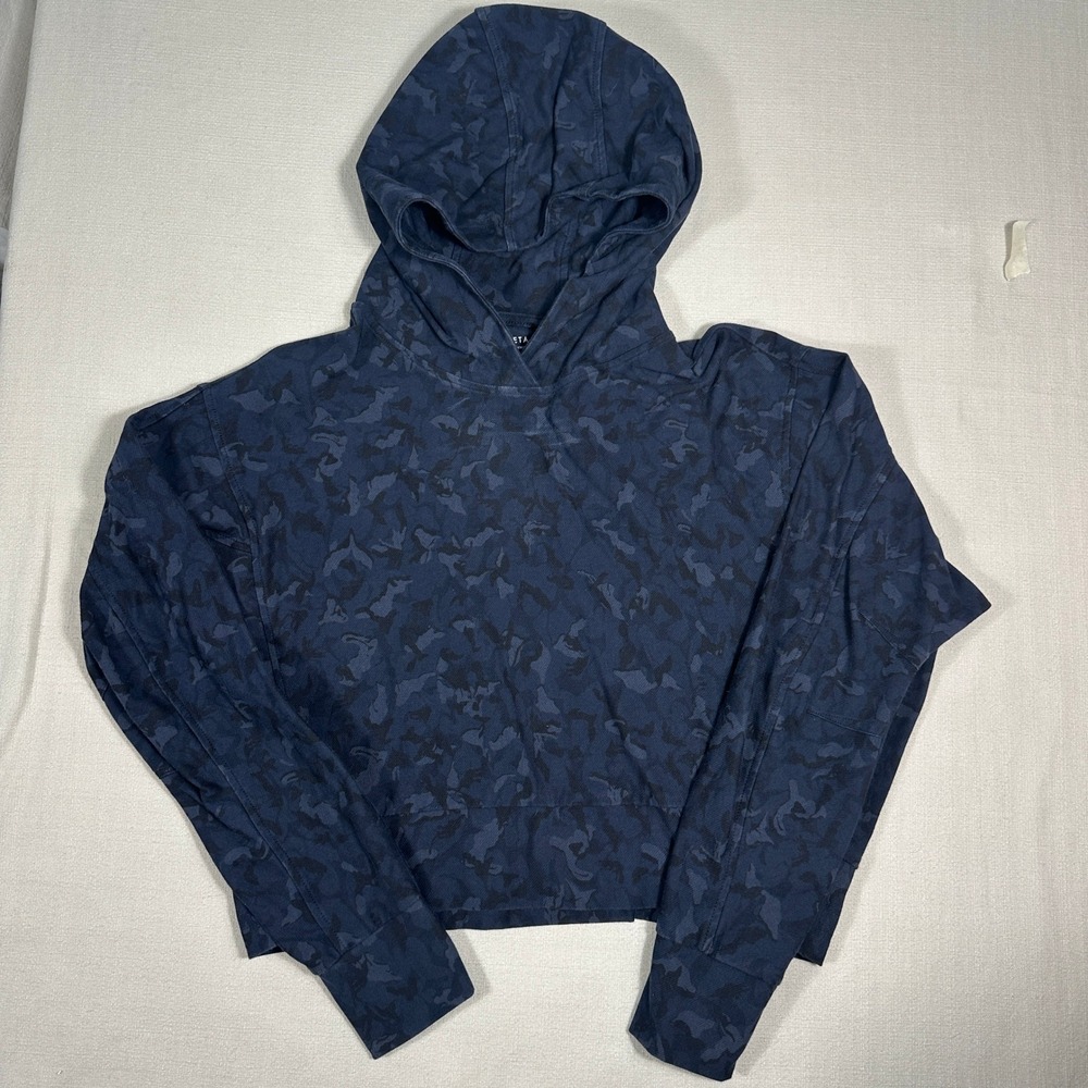 Athleta Hoodie Womens Small Navy Blue Camo Excellent Cropped Batwing Pullover